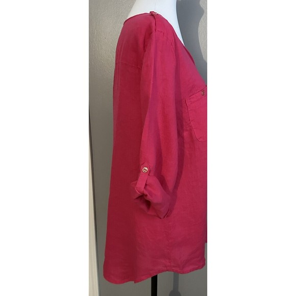 JM Collections Sz 14 Pink Linen Button Down Blouse Top 3/4 Sleeve Roll Tab Tunic - Picture 4 of 7